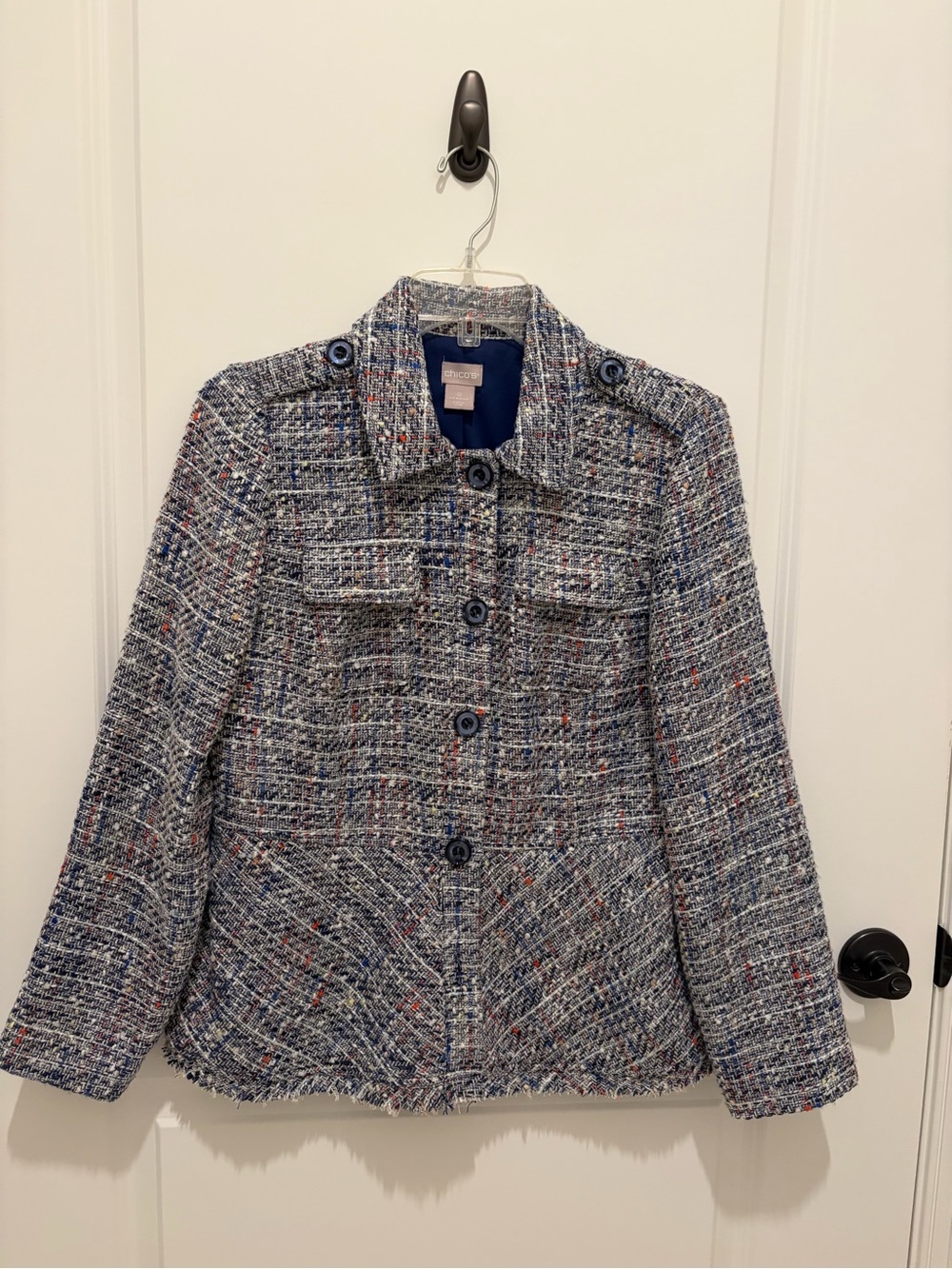 Chico's Navy and Multicolor Tweed Button Jacket